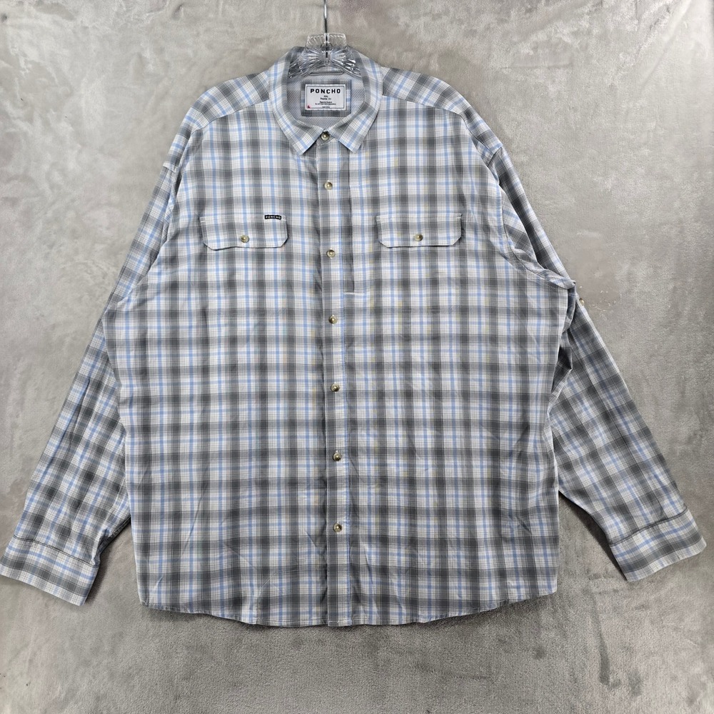 Poncho Shirt Mens XXL Gray Blue Plaid Magnetic Pockets Vented Fishing Outdoor